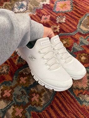 Skechers Women's All-White Slip-On Mesh Walking Sneakers, size 8.5